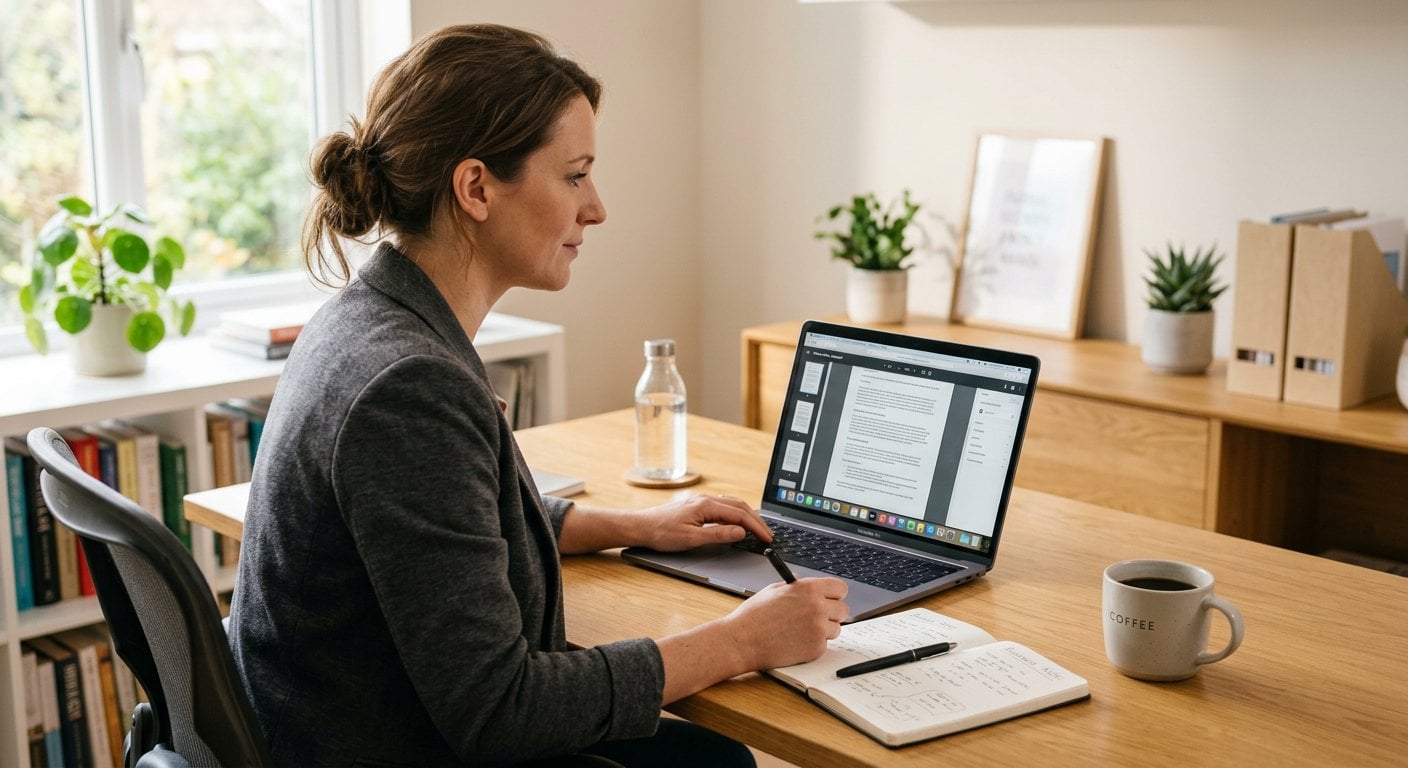 Small business owner using pdf tools for small business to manage documents on a laptop in {year}